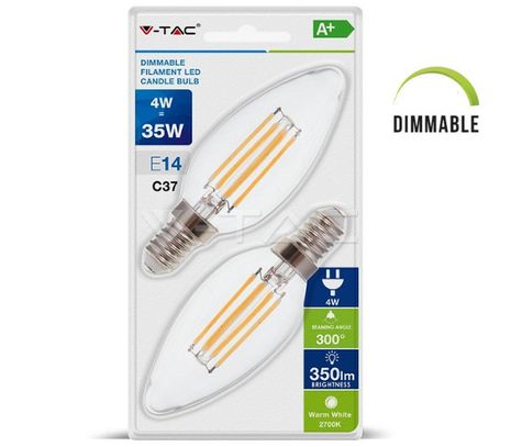 LED žiarovka V-TAC, E14, 4W, 350lm, Stmievateľná, Filament, C37, číra - 2ks blister