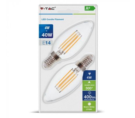 LED žiarovka V-TAC, E14, 4W, 400lm, Filament, C37, číra - 2ks blister