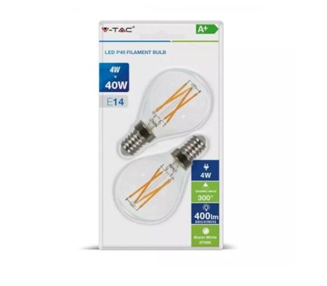 LED žiarovka V-TAC, E14, 4W, 400lm, Filament, P45, číra - 2ks blister