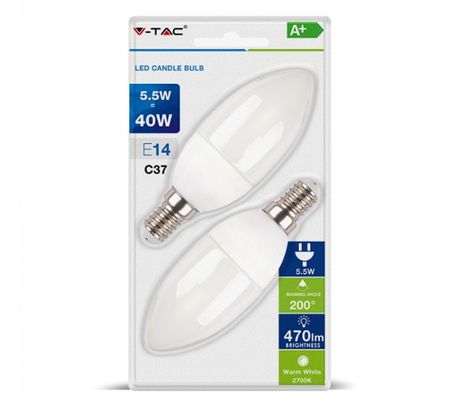 LED žiarovka V-TAC E14 5,5W, 470lm, C37, sviečka - 2ks blister