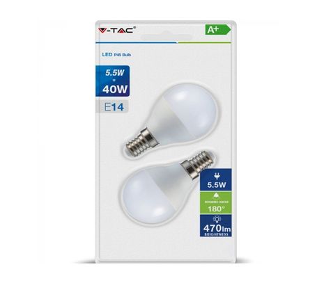 LED žiarovka V-TAC E14 5,5W, 470lm, P45 - 2ks blister