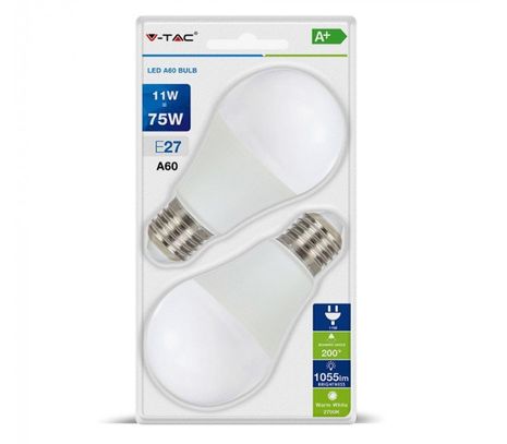 LED žiarovka V-TAC, E27, 11W, 1055lm, A60, mliečna - 2ks blister