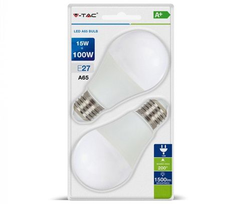 LED žiarovka V-TAC, E27, 15W, 1500lm, A65, mliečna - 2ks blister