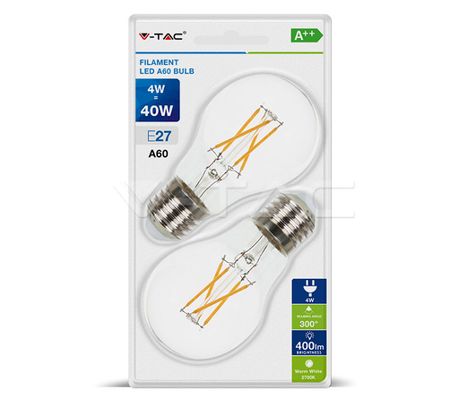 LED žiarovka V-TAC, E27, 4W, 400lm, Filament, A60, číra - 2ks blister