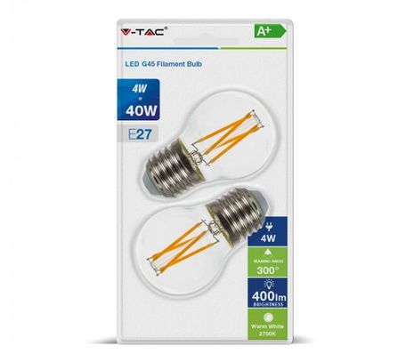 LED žiarovka V-TAC, E27, 4W, 400lm, Filament, G45, číra - 2ks blister