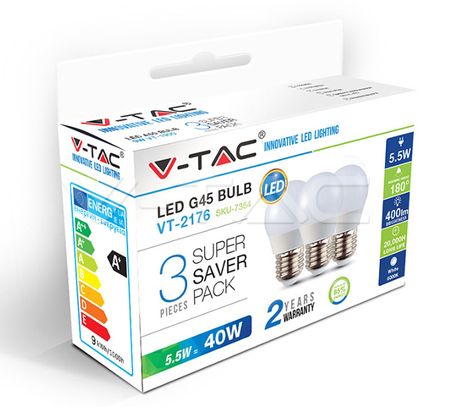 LED žiarovka V-TAC E27 5,5W 470lm G45 - 3PACK