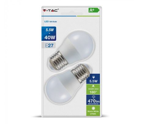 LED žiarovka V-TAC, E27, 5,5W, 470lm, G45, mliečna - 2ks blister