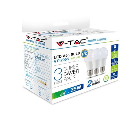 LED žiarovka V-TAC E27 5W 420lm A55 - 3PACK