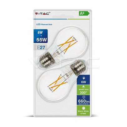 LED žiarovka V-TAC, E27, 6W, 660lm, Filament, A60, číra - 2ks blister