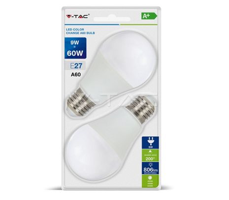 LED žiarovka V-TAC E27 9W, 806lm, A60, 3 farby bielej LED - 2ks blister