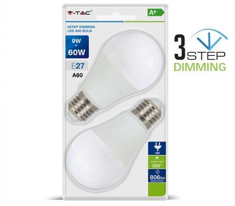 LED žiarovka V-TAC E27, 9W, 806lm, A60, 3 stupne stmievania - 2ks blister