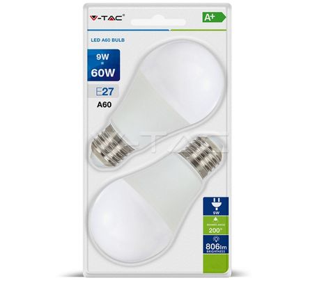 LED žiarovka V-TAC, E27, 9W, 806lm, A60, mliečna - 2ks blister