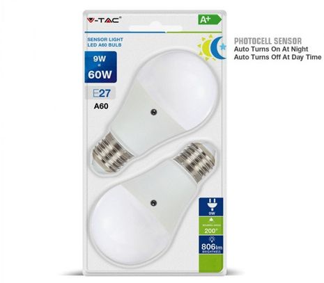 LED žiarovka V-TAC E27, 9W, 806lm, A60, svetelný senzor - 2ks blister